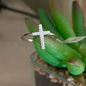 Cross White Gold Sterling Silver CZ Ring